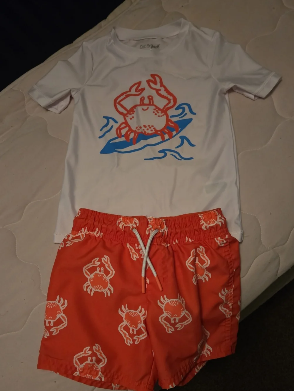 Cat & Jack White Rash Guard with Orange Crab & Blue Wave Swim Shorts Set